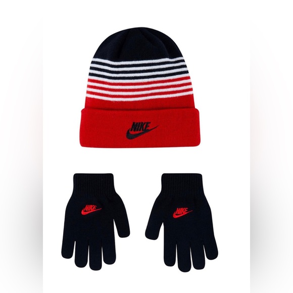Nike Other - Boys 8-20 Nike Swoosh Repeat Beanie & Gloves Set, One Size Black/red/white